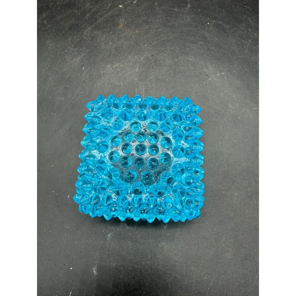 Blue Hobnail Glass Candle Holder Square‎ Turquoise Trinket Dish Vintage Style